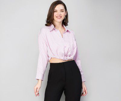 oxolloxo Women Stripe Print Open Collared Cotton Crop Shirt