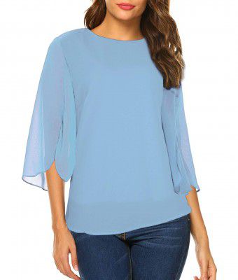 Oyamiki Womens Half Sleeve Layered Flowy Chiffon Blouses Round Neck Shirts Tops