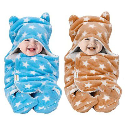 OYO BABY 3-in-1 Hooded Baby Blanket Wrapper Pack of 2 (Star Beige + Blue) Swaddle for New Born