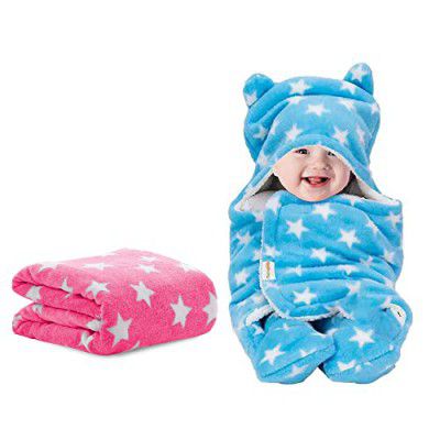 OYO BABY Baby Blankets Combo |  2 Blankets (Star Pink Square + Star Blue Hooded)