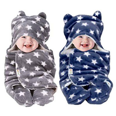 OYO BABY Baby Blankets New Born Babies | Super Soft Baby Sleeping Bag for Baby (78cm x 68cm, 0-6 Months, Fleece, Skin Friendly, Stars Dark Blue, Grey)