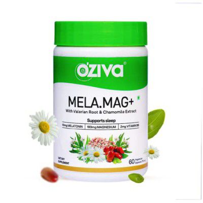 OZiva Mela.Mag+ (10mg Melatonin, Magnesium, Vitamin B6 with Valerian Root, Chamomile Extract) for Healthy & Deep sleep, 60 Veg Capsules,Green