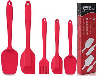 P-Plus International Silicone Spatula Set 5-pcs - 446ºF Heat-Resistant Baking Spoon Spatula - Seamless One-Piece Design Easy to Clean - Non-Stick Silicone Rubber with Stainless Steel Core (RED)