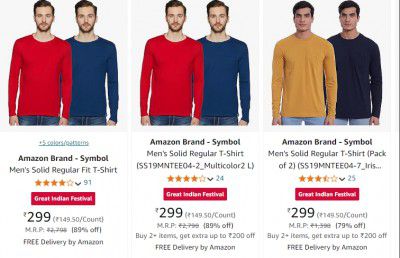 (Pack Of 2) Amazon Brand Men Fit T-shirts Starts at ₹199