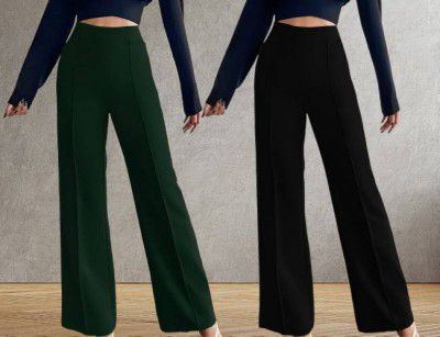 [ Pack of 2 ] Kintu Parantu Women Regular Fit Green, Black Polyester Trousers