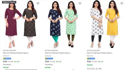 Pack of 2 Women's Printed Kurta @ ₹289
