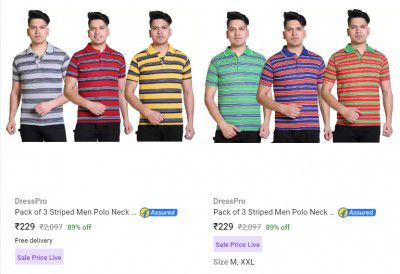Pack of 3 Men's Polo T-Shirts @ ₹229