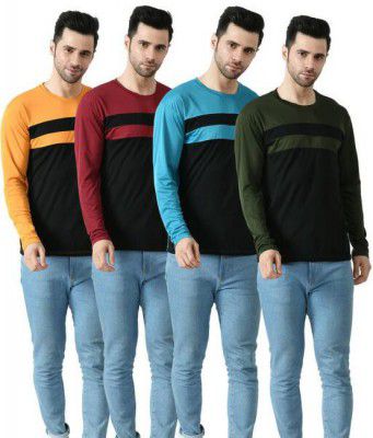 Dam  Pack of 4 Men Colorblock Round Neck Polyester Multicolor T-Shirt