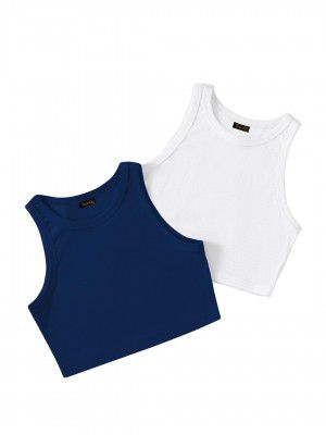 (Pack of Two) Stylish Sleeveless Round Neck Ribbed Tank Tops for Women and Western Crop Top
