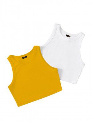 (Pack of Two) Stylish Sleeveless Round Neck Ribbed Tank Tops for Women and Western Crop Top