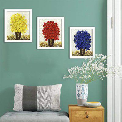 Painting Mantra - Multi color plants Set of 3 WHITE Framed Painting,UV Textured Art Prints (9 x 11 inch)