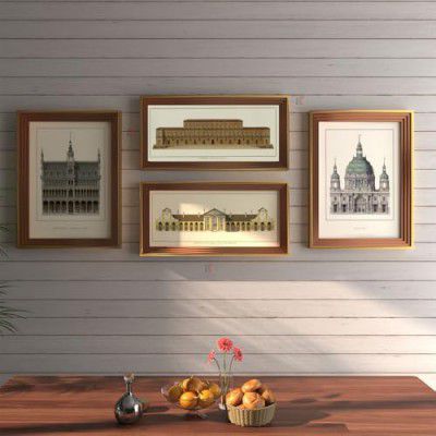 Painting Mantra Wall Décor Vintage Building Set of 4 Framed Art Prints Gallery Wall Paintings for Home, Bedroom, Living Room & Office (Size - 2-12 x 16 & 2-8 x 18 Inches)
