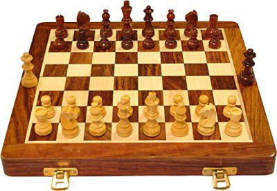 PALM ROYAL HANDICRAFTS Wooden Handmade Foldable Magnetic Chess Board Set with Magnetic Pieces and Extra Queens for 2 Players Kids and Adults (10x10 Inches, Brown)