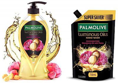 Palmolive Body Wash Luminous Oils Invigorating, 750ml Pump Shower Gel With 100% Natural Macadamia O & Luminous Oils Invigorating Liquid Hand Wash, 750ml Refill Pack With Macadamia Oil & Peo