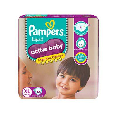 Pampers Active Baby Taped Diapers, Extra Large size diapers, (XL) 56 count, taped style custom fit