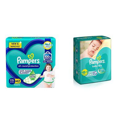 Pampers All round Protection Pants, Double Extra Large size baby diapers (XXL) 42 Count, Anti Rash diapers, Lotion with Aloe Vera & Pampers Taped Baby Diapers, Small (SM), 22 count