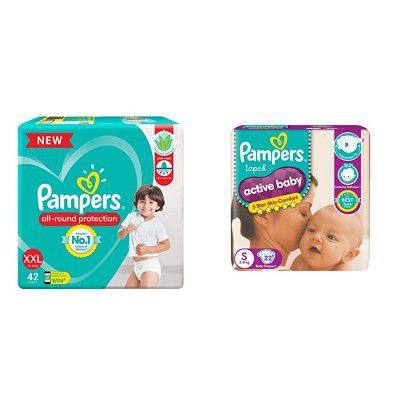 Pampers All round Protection Pants, Double Extra Large size baby Diapers, (XXL) 42 Count Lotion with Aloe Vera & Active Baby Taped Diapers, Small size Diapers, (S) 22 count taped style custom fit