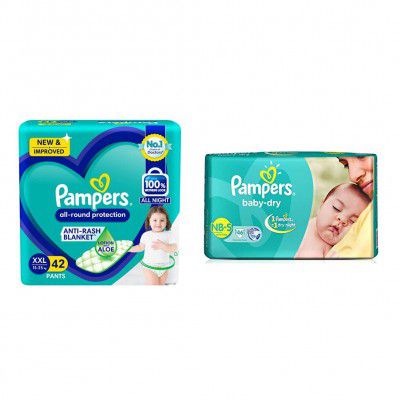 Pampers All round Protection Pants, Double Extra Large size baby diapers (XXL) 42 Count, Anti Rash diapers, Lotion with Aloe Vera & Pampers Taped Baby Diapers, Small (SM), 46 count