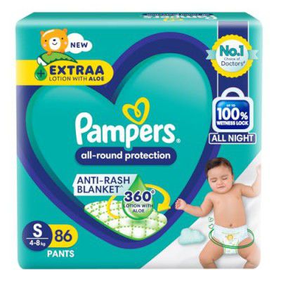 Pampers All round Protection Pants, Small size baby diapers (S) 86 Count, Lotion with Aloe Vera