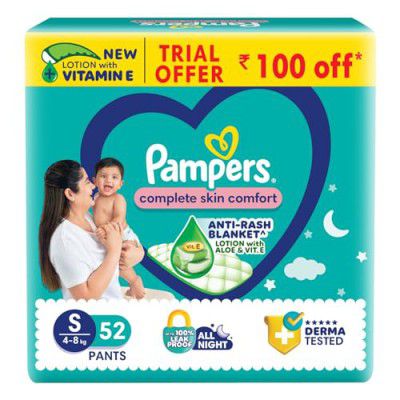 Pampers Complete Skin Comfort Pants, Small size baby diapers (SM) 52 Count, 4-8 kg