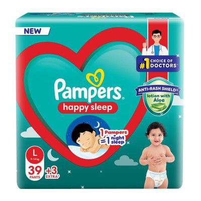 Pampers Happy Sleep Pant Style Baby Diapers, Large (L), 42 Count, 9-14 Kg Diapers