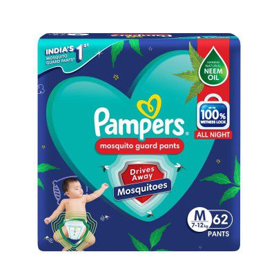 Pampers Mosquito Guard Pants – Medium size baby diapers (M), 62 Count