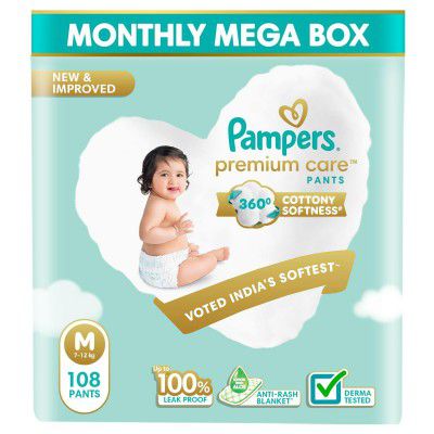 Pampers Premium Care Diaper | Pant Style Baby Diapers Medium Size, 108 Count  | (54 Count, Pack of 2)