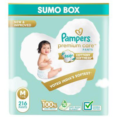 Pampers Premium Care Pant Style Baby Diapers, Medium (M size), 216 Count, 7-12kg