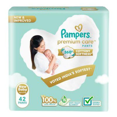 Pampers Premium Care Pant Style Baby Diapers, Newborn/X-Small (NB/XS), 42 Count, 4-6kg, All-in-1 with 360 Cottony Softness Diapers