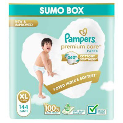 Pampers Premium Care Pant Style Baby Diapers, X-Large (XL size), 144 Count, 12-17kg, All-in-1 with 360 Cottony Softness Diapers