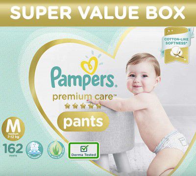Pampers Premium Care Pants, Medium size baby diapers (MD), 162 Count, Softest ever Pampers pants