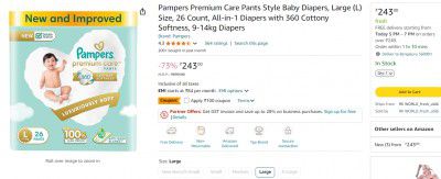 Pampers Premium Care Pants Style Baby Diapers, Large (L) Size, 26 Count, All-in-1 Diapers with 360 Cottony Softness, 9-14kg Diapers