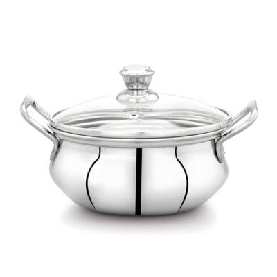 PANCA Stainless Steel Kadai with Lid 1.5 Litre |Steel kadhai for Cooking | Induction kadai | Multipurpose Handi for Serving | Kitchen Utensil (Set of 1, Silver)