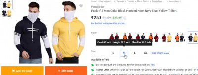 Panda Bear Pack of 2 Men Color Block Hooded Neck Navy Blue, Yellow T-Shirt