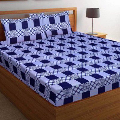 Panipat Textile Hub 140 TC Microfiber Double Checkered Flat Bedsheet  (Pack of 1, Blue)