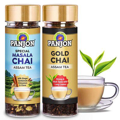 Panjon Gold Black Tea & Special Masala Chai Patti, Assam Tea Combo (2 x 50 Cups) 2 jars