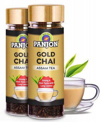 Panjon Gold Chai Assam Black Tea 100% Strong Chai Patti with Long Leaves & Rich Taste (2x50 Cups) 2 Jars
