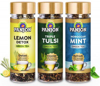 Panjon Green Tea Assorted Combo Triple Tulsi, Lemon Detox, Moroccon Mint Green Tea (3x30 Cups) 3 jars