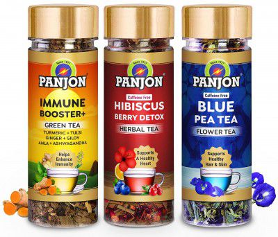 Panjon Skin Glow Tea Combo Hibiscus Berry Detox Herbal Tea, Blue Pea Tea, Immunity Booster Green Tea (3x30 Cups) 3 jars