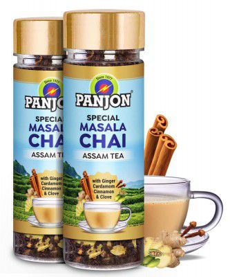 Panjon Special Masala Chai Assam Black Tea with Adrak, Elaichi, Clove, Cinnamon, Cardamom, Ginger Chai Patti (2x50 Cups) 2 Jars