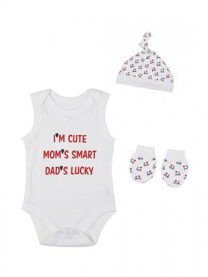 Pantaloons Baby Kids White Printed Rompers With Cap & Socks