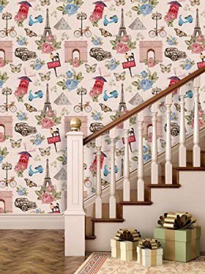 Paper Plane Design Eiffel Tower Print Wallpaper (PVC Vinyl, 16 x 80 Inch x 3 Roll, Multicolour, 27 sq ft, 3-Pieces)