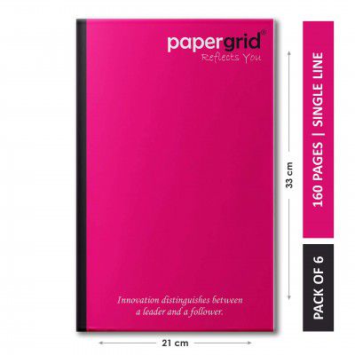 papergrid Notebook - Ultra Long Book (33 cm x 21 cm), Single Line, 160 Pages, Soft Cover - Pack of 6