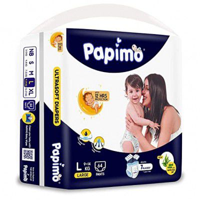 Papimo Baby Pants Diapers with Aloe Vera, Large (9 - 14 kg) 64 Count