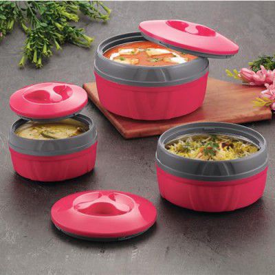 Paras Homeware Hot Chef Casserole| BPA Free | Food Grade | Easy to Carry | Easy to Store for Rice, Curry, Roti |Pink - Set of 3 | 600ml, 1100ml 1800ml