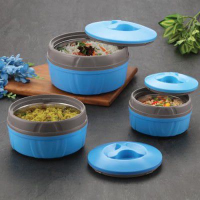 Paras Homeware Hot Chef Casserole| BPA Free | Food Grade | Easy to Carry | Easy to Store for Rice,Curry, Roti |Blue - Set of 3 | 600ml, 1100ml 1800ml