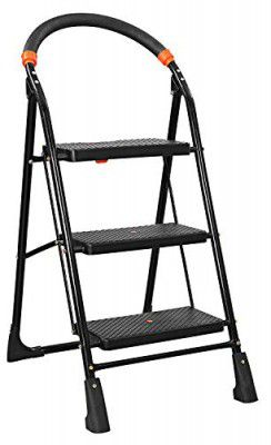 Parasnath Black Heavy Folding Ladder with Wide Steps Milano 3 Steps 3.1 Ft Ladder (Made in India) Alloy Steel