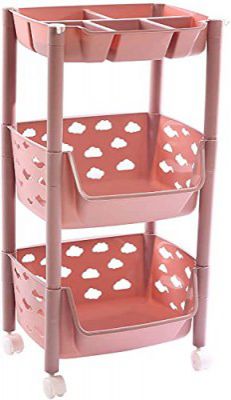 PARASNATH Plastic Skep 2+1 Layers Fruit&Vegetable Basket Trolley Included 1 Dish Box Tray (Pink Colour) For Home&Kitchen Fruit Basket Storage Rack Organizer Holders Kitchen Trolley - Made In India