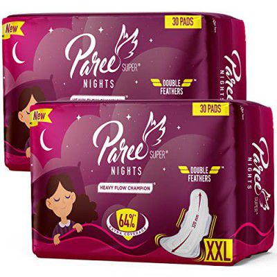 Paree Super Nights Sanitary Pads for Women (Trifold) |XXL-60 Pads (Combo of 2)|Double Feathers|Quick Absorption|Disposable Covers|Wide Coverage|Leakage Protection All Night