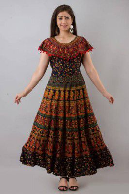 Parii Fashion Jaipur  Printed Cotton Blend Stitched Flared/A-line Gown  (Multicolor)